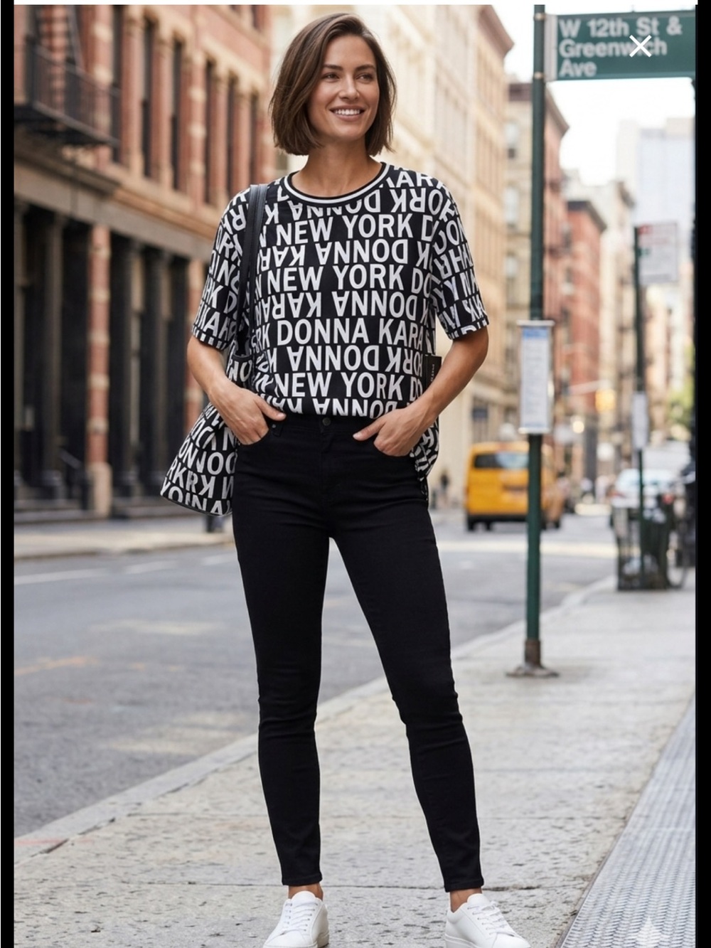 Donna Karan Black and White Allover Logo Tee